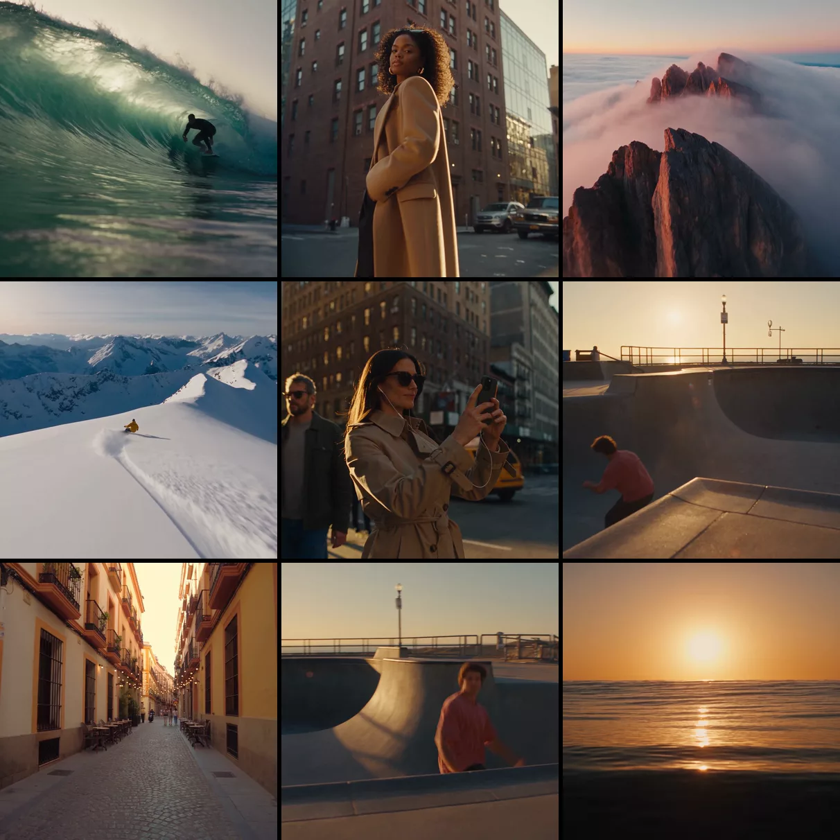 Nine moments from the SHIFT THE STANDARD video: a surfer inside a wave, a woman in a camel coat on a city street, a mountain peak above the clouds, a snowboarder on a ridge, a woman filming with her phone, a skater at sunset, a sunlit old-town street, a skater in a bowl and a sunset over the sea.